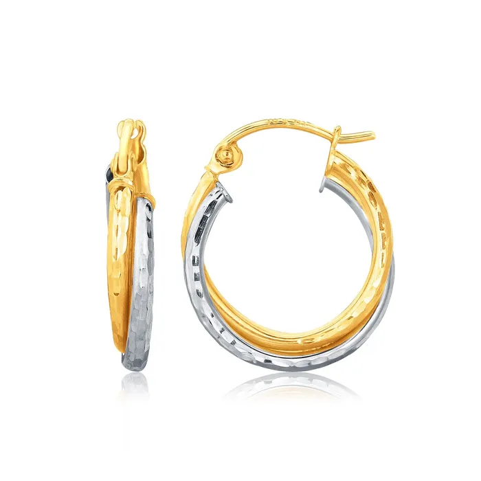 Earrings MayaMila 14k TwoTone Gold Interlaced Hoop Earrings with Hammered Texture Earrings MayaMila 14k TwoTone Gold Interlaced Hoop Earrings with Hammered Texture