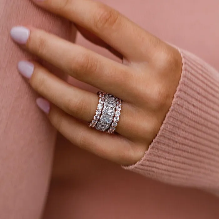 Rings Stunning 3PCS Two Tone Cushion Cut Sterling Silver Wedding Band Set Shineofdiamond