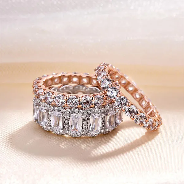 Rings Stunning 3PCS Two Tone Cushion Cut Sterling Silver Wedding Band Set Shineofdiamond