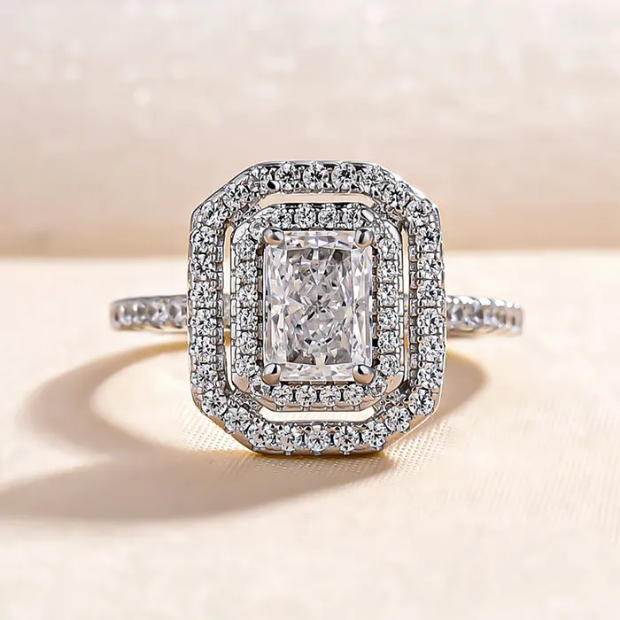Shineofdiamond Rings Double Halo Radiant Cut Engagement Ring in Sterling Silver