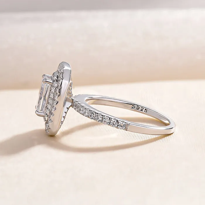 Shineofdiamond Rings Double Halo Radiant Cut Engagement Ring in Sterling Silver