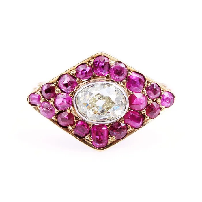 Edwardian Old Mine Cut Diamond and Ruby Ring Bell Bird Antiques Rings