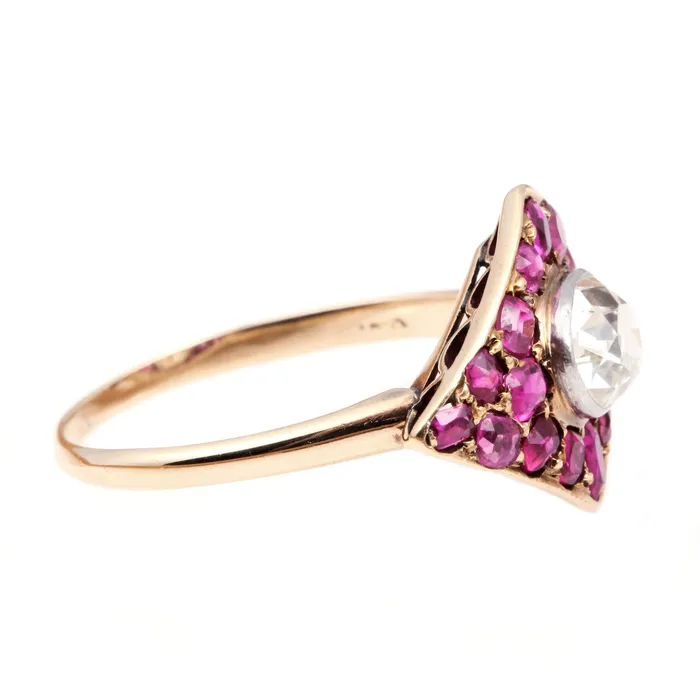 Edwardian Old Mine Cut Diamond and Ruby Ring Bell Bird Antiques Rings