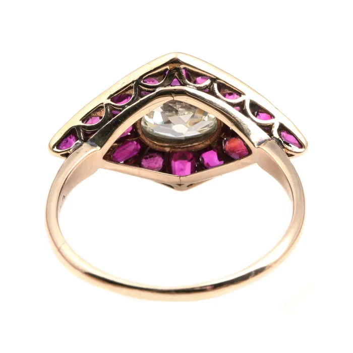 Edwardian Old Mine Cut Diamond and Ruby Ring Bell Bird Antiques Rings