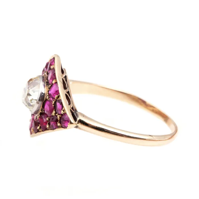 Edwardian Old Mine Cut Diamond and Ruby Ring Bell Bird Antiques Rings