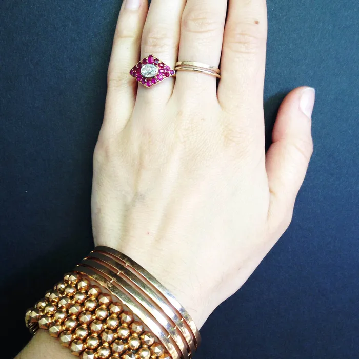 Edwardian Old Mine Cut Diamond and Ruby Ring Bell Bird Antiques Rings
