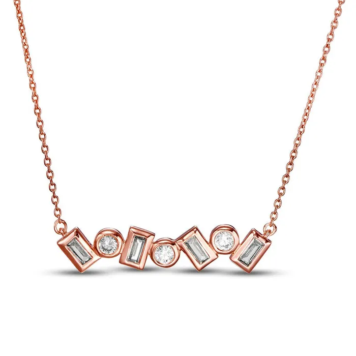 05 CT TW Baguette and Round Natural Diamond Alternating Bar Necklace in 10K Rose Gold Goldia Necklaces 05 CT TW Baguette and Round Natural Diamond Alternating Bar Necklace in 10K Rose Gold Goldia Necklaces