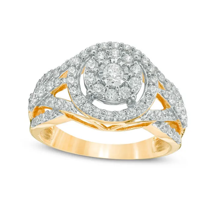 10 CT TW Natural Diamond Double Frame Layered Crossover Shank Engagement Ring in Solid 10K Yellow Gold Goldia Rings 10 CT TW Natural Diamond Double Frame Layered Crossover Shank Engagement Ring in Solid 10K Yellow Gold Goldia Rings