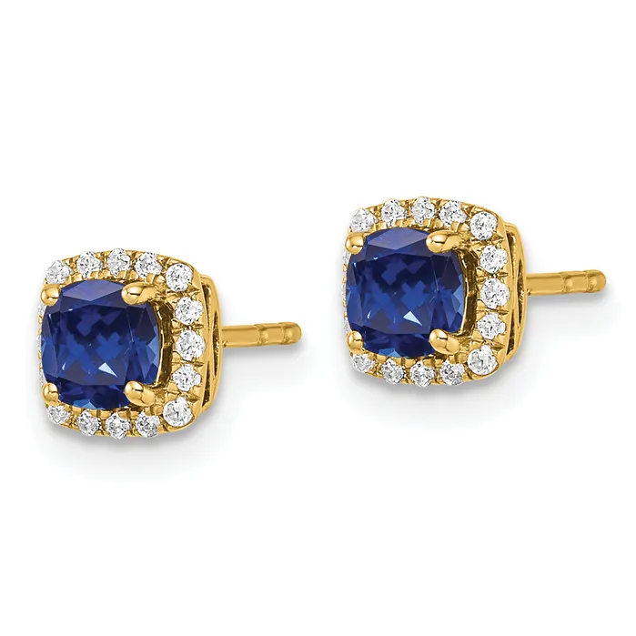 14k Yellow Gold 110 Ct Lab Grown Diamond VSSI G and Created Sapphire Square Halo Post Earrings Goldia Earrings