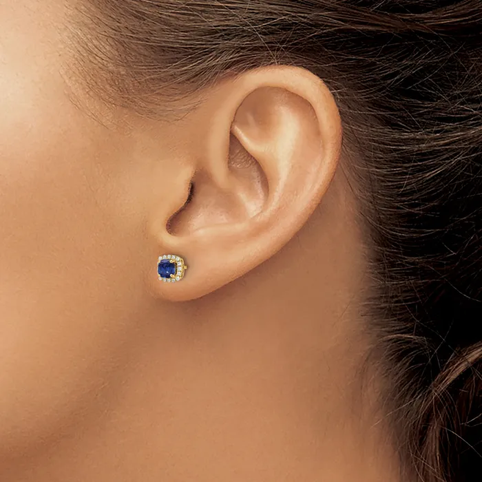 14k Yellow Gold 110 Ct Lab Grown Diamond VSSI G and Created Sapphire Square Halo Post Earrings Goldia Earrings