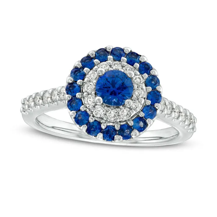435mm Blue Sapphire and 033 CT TW Natural Diamond Double Frame Ring in Solid 14K White Gold Goldia Rings 435mm Blue Sapphire and 033 CT TW Natural Diamond Double Frame Ring in Solid 14K White Gold Goldia Rings