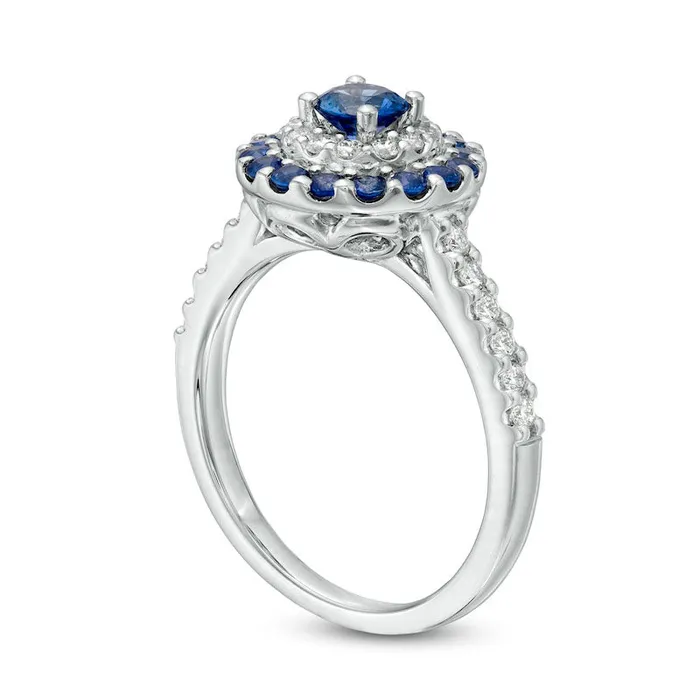 435mm Blue Sapphire and 033 CT TW Natural Diamond Double Frame Ring in Solid 14K White Gold Goldia Rings 435mm Blue Sapphire and 033 CT TW Natural Diamond Double Frame Ring in Solid 14K White Gold Goldia Rings