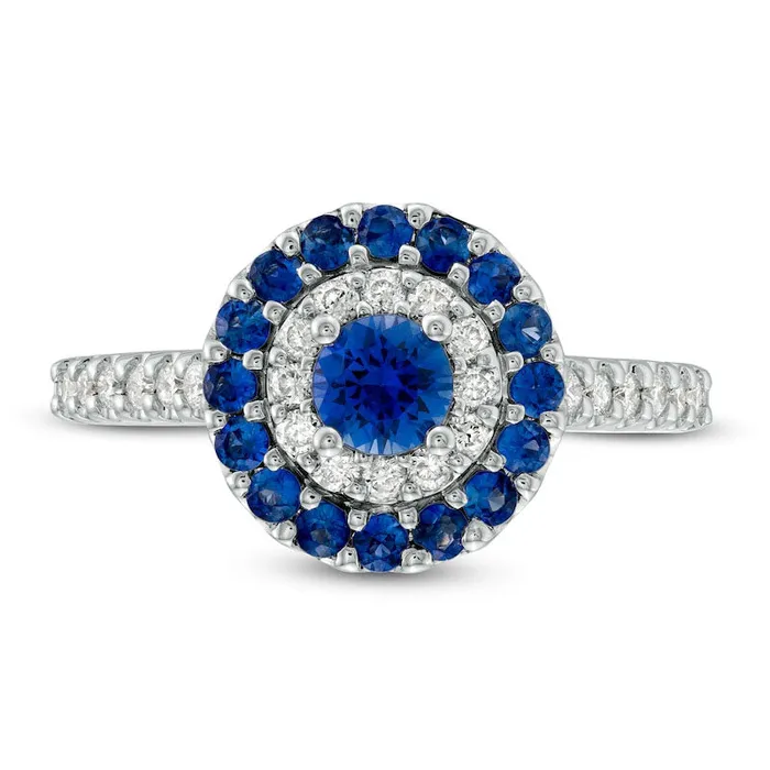 435mm Blue Sapphire and 033 CT TW Natural Diamond Double Frame Ring in Solid 14K White Gold Goldia Rings 435mm Blue Sapphire and 033 CT TW Natural Diamond Double Frame Ring in Solid 14K White Gold Goldia Rings