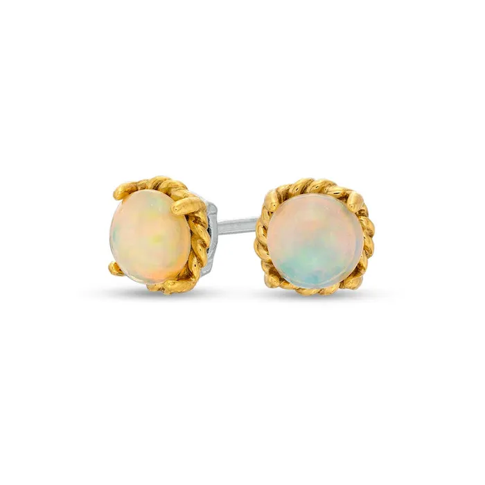 60mm Opal Solitaire RopeTextured Frame Stud Earrings in Sterling Silver and 10K Gold Goldia Earrings