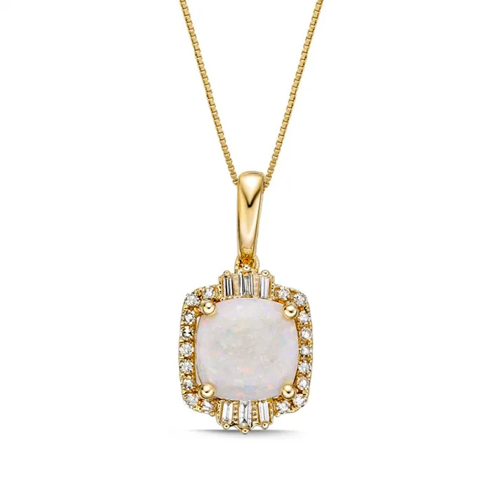 80mm CushionCut Opal and 025 CT TW Natural Diamond Ornate Frame Pendant in 10K Yellow Gold Goldia Necklaces