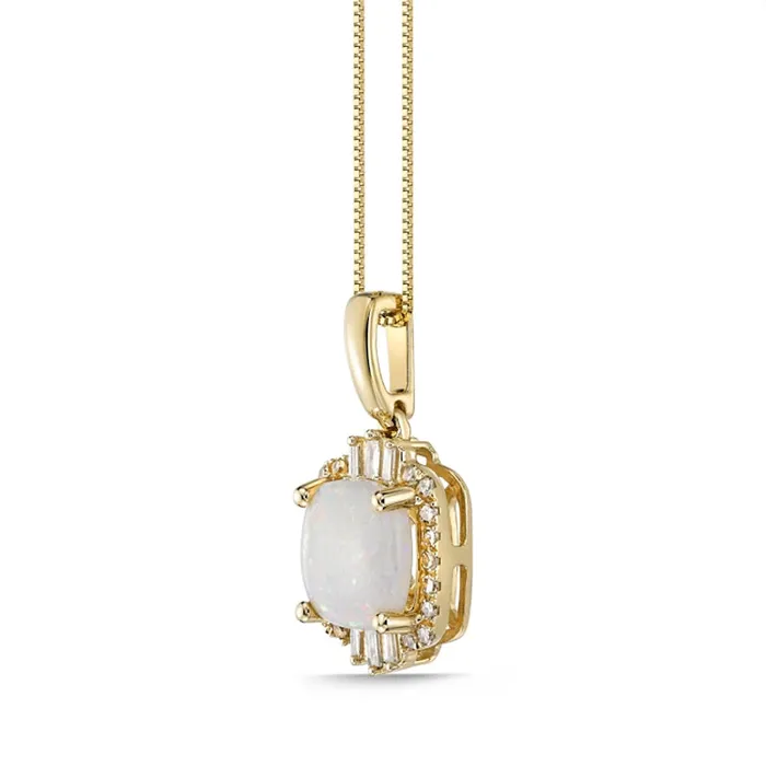 80mm CushionCut Opal and 025 CT TW Natural Diamond Ornate Frame Pendant in 10K Yellow Gold Goldia Necklaces 80mm CushionCut Opal and 025 CT TW Natural Diamond Ornate Frame Pendant in 10K Yellow Gold Goldia Necklaces
