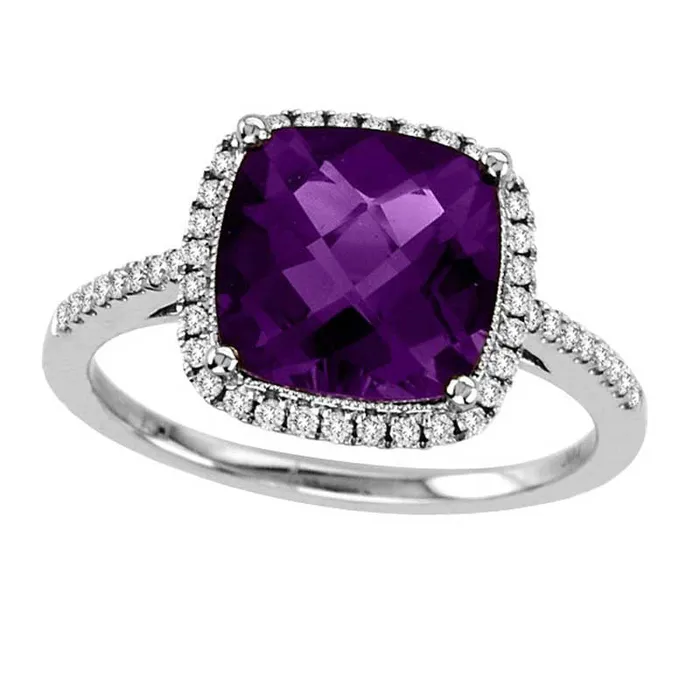 90mm CushionCut Amethyst and 025 CT TW Natural Diamond Ring in Solid 14K White Gold Goldia Rings