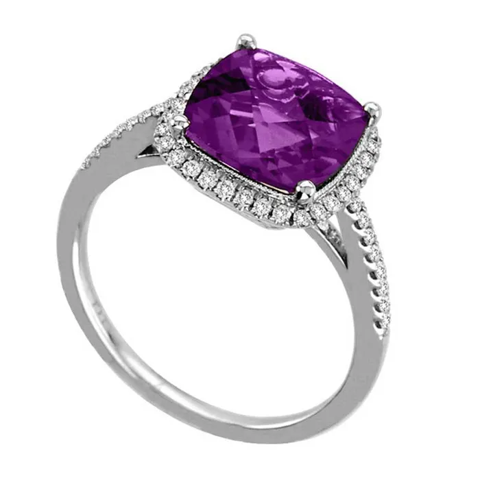 90mm CushionCut Amethyst and 025 CT TW Natural Diamond Ring in Solid 14K White Gold Goldia Rings 90mm CushionCut Amethyst and 025 CT TW Natural Diamond Ring in Solid 14K White Gold Goldia Rings