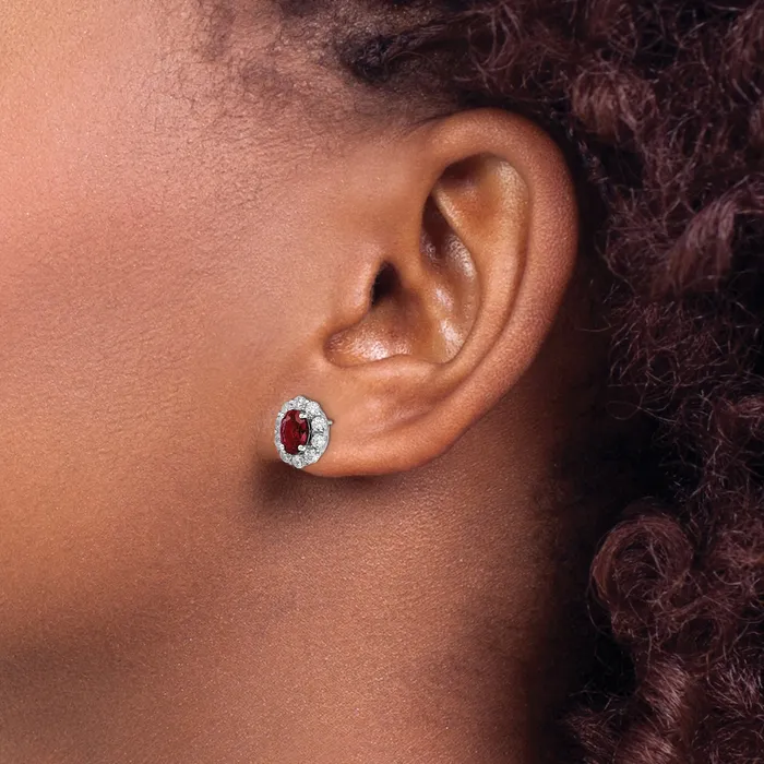 Earrings 14k White Gold 1 15 Ct Lab Grown Diamond VSSI G and Oval Created Ruby Halo Post Earrings Goldia
