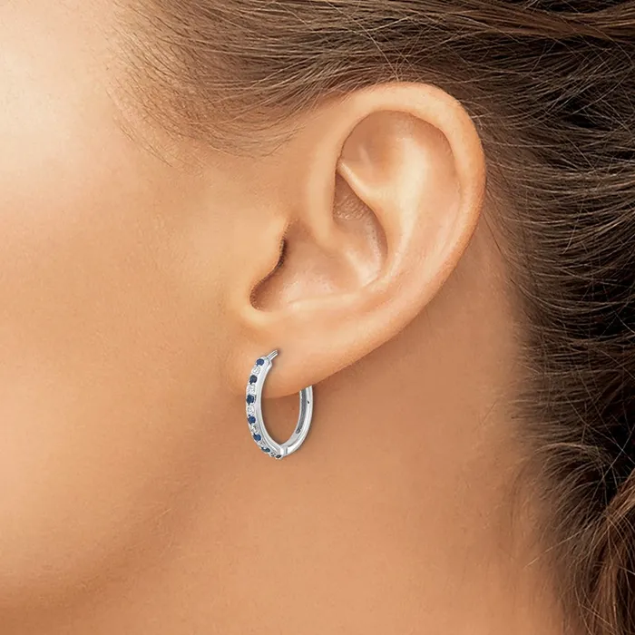 Earrings Solid 14k White Gold Simulated CZ and Sapphire Hinged Hoop Earrings Goldia