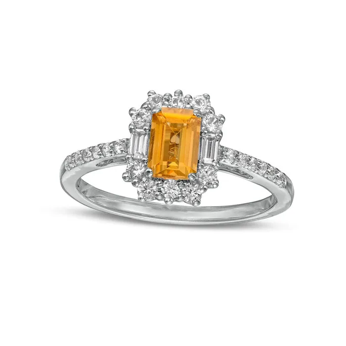 EmeraldCut Citrine and White LabCreated Sapphire Ornate Frame Ring in Sterling Silver Goldia Rings EmeraldCut Citrine and White LabCreated Sapphire Ornate Frame Ring in Sterling Silver Goldia Rings