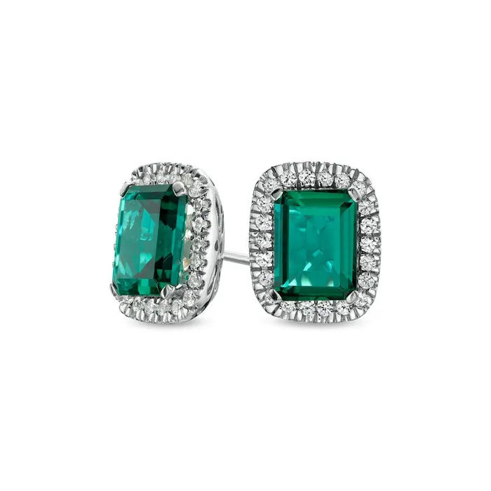 EmeraldCut LabCreated Emerald and White Sapphire Cushion Frame Stud Earrings in Sterling Silver Goldia Earrings
