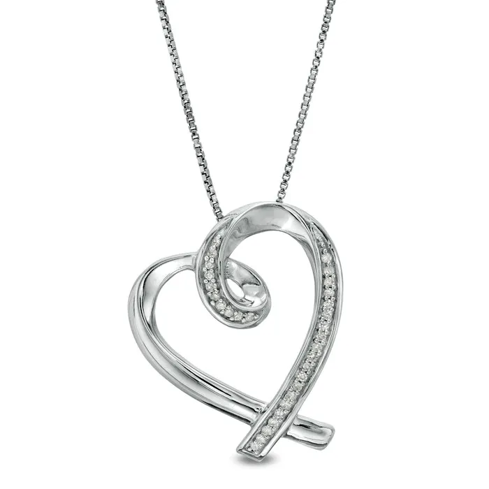 Goldia 01 CT TW Natural Diamond Tilted Ribbon Heart Pendant in Sterling Silver Necklaces Goldia 01 CT TW Natural Diamond Tilted Ribbon Heart Pendant in Sterling Silver Necklaces