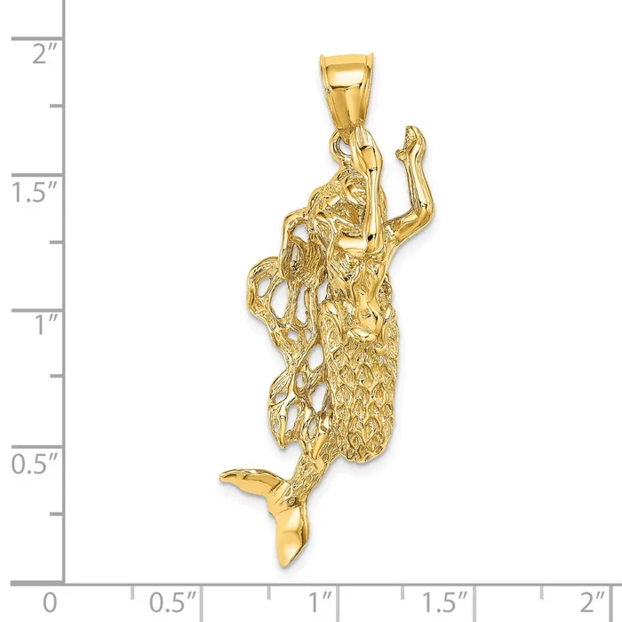 Goldia Charm Necklaces 14k Yellow Gold 3D Textured Large Mermaid Charm
