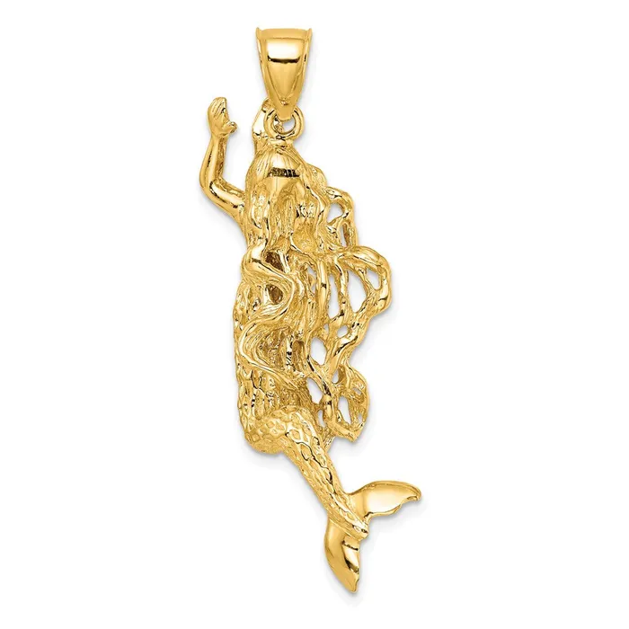 Goldia Charm Necklaces 14k Yellow Gold 3D Textured Large Mermaid Charm