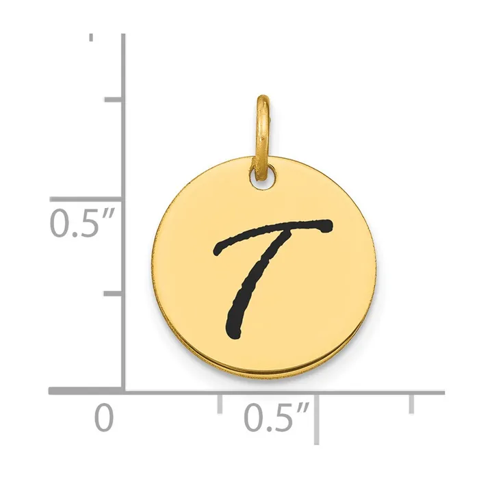 Goldia Charm Necklaces 14k Yellow Gold Polished Black Enamel Letter T Initial Disk Charm