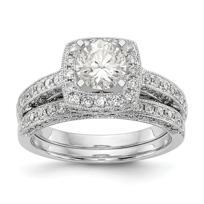 Goldiacom 14K White Gold Peg Set Simulated Diamond Cushion HaloEngagement Ring Rings