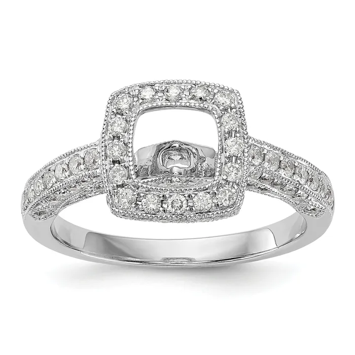 Goldiacom 14K White Gold Peg Set Simulated Diamond Cushion HaloEngagement Ring Rings