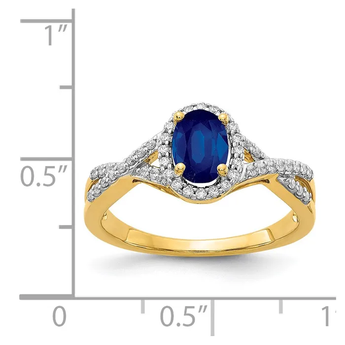 Goldiacom Rings 14K Yellow Gold Real Diamond and Sapphire Oval Halo Ring