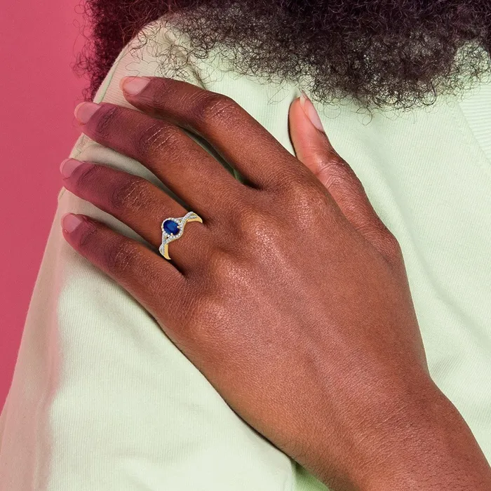 Goldiacom Rings 14K Yellow Gold Real Diamond and Sapphire Oval Halo Ring