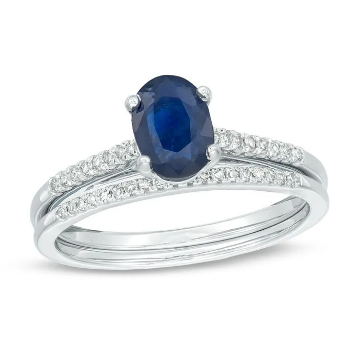 Goldiacom Rings OvalShaped Blue Sapphire and 18 CT TW Diamond Bridal Engagement Ring Set in 14K White Gold Goldiacom Rings OvalShaped Blue Sapphire and 18 CT TW Diamond Bridal Engagement Ring Set in 14K White Gold