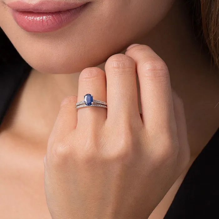Goldiacom Rings OvalShaped Blue Sapphire and 18 CT TW Diamond Bridal Engagement Ring Set in 14K White Gold