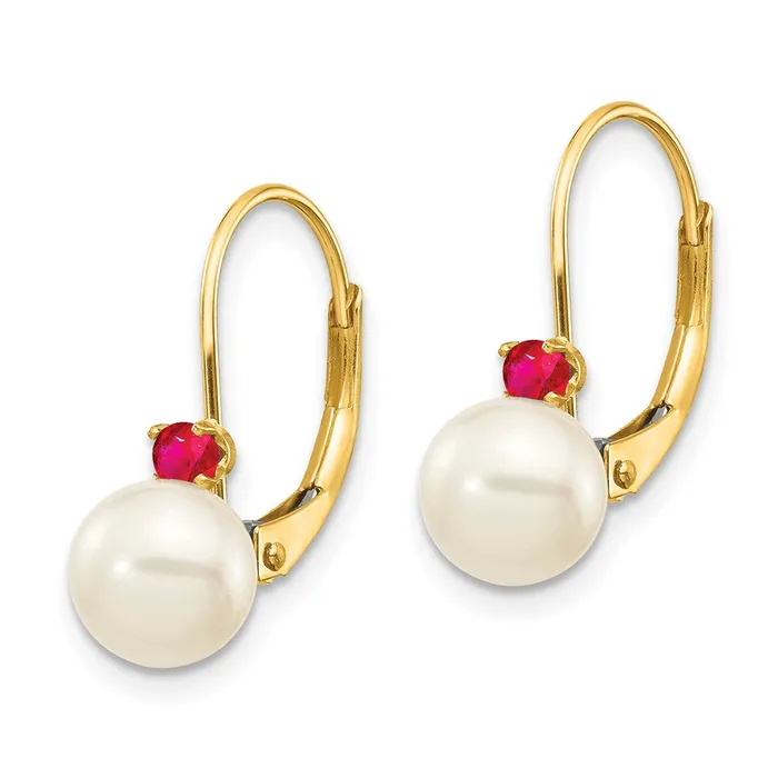 Goldia Earrings 14k Yellow Gold 665mm White Round FW Cultured Pearl Ruby Leverback Earrings