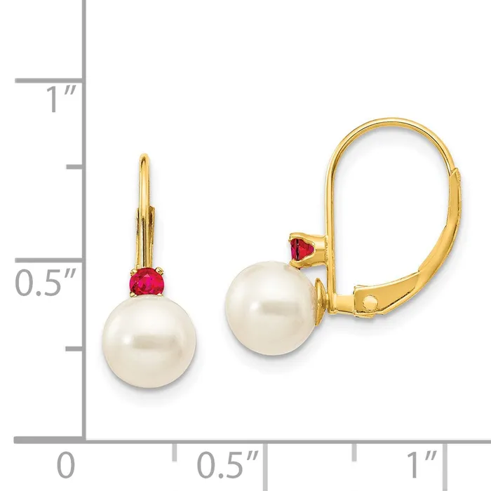 Goldia Earrings 14k Yellow Gold 665mm White Round FW Cultured Pearl Ruby Leverback Earrings