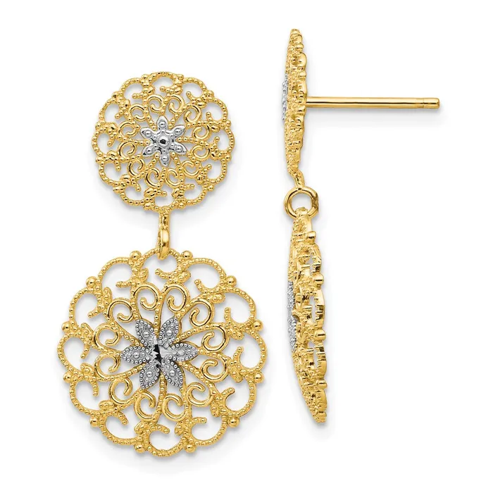 Goldia Earrings 14k Yellow Rhodium Gold wRhodium DC Filigree Medallion Drop Post Earrings Goldia Earrings 14k Yellow Rhodium Gold wRhodium DC Filigree Medallion Drop Post Earrings