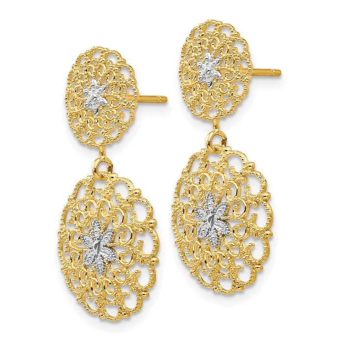 Goldia Earrings 14k Yellow Rhodium Gold wRhodium DC Filigree Medallion Drop Post Earrings
