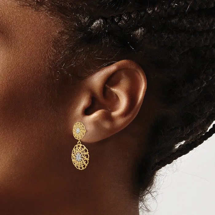 Goldia Earrings 14k Yellow Rhodium Gold wRhodium DC Filigree Medallion Drop Post Earrings