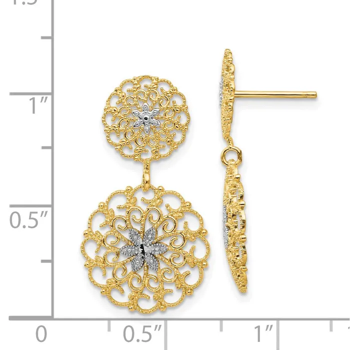 Goldia Earrings 14k Yellow Rhodium Gold wRhodium DC Filigree Medallion Drop Post Earrings