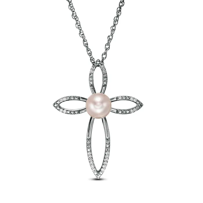 Goldia Necklaces 60mm Cultured Freshwater Pearl and 005 CT TW Natural Diamond Cross Pendant in Sterling Silver Goldia Necklaces 60mm Cultured Freshwater Pearl and 005 CT TW Natural Diamond Cross Pendant in Sterling Silver
