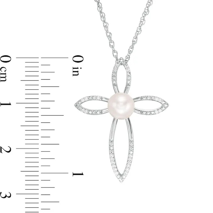 Goldia Necklaces 60mm Cultured Freshwater Pearl and 005 CT TW Natural Diamond Cross Pendant in Sterling Silver