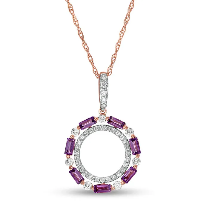 Goldia Necklaces BaguetteCut Amethyst and 017 CT TW Natural Diamond Double Circle Pendant in 10K Rose Gold Goldia Necklaces BaguetteCut Amethyst and 017 CT TW Natural Diamond Double Circle Pendant in 10K Rose Gold
