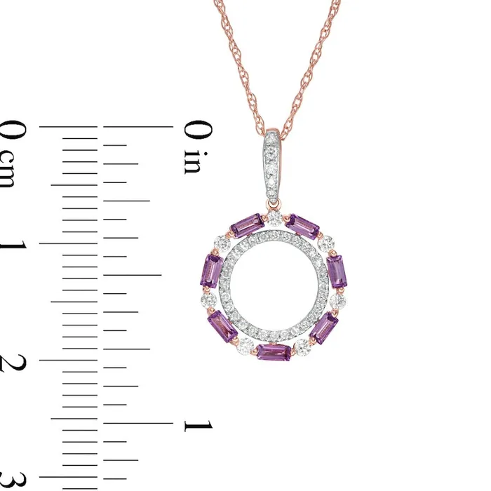 Goldia Necklaces BaguetteCut Amethyst and 017 CT TW Natural Diamond Double Circle Pendant in 10K Rose Gold Goldia Necklaces BaguetteCut Amethyst and 017 CT TW Natural Diamond Double Circle Pendant in 10K Rose Gold