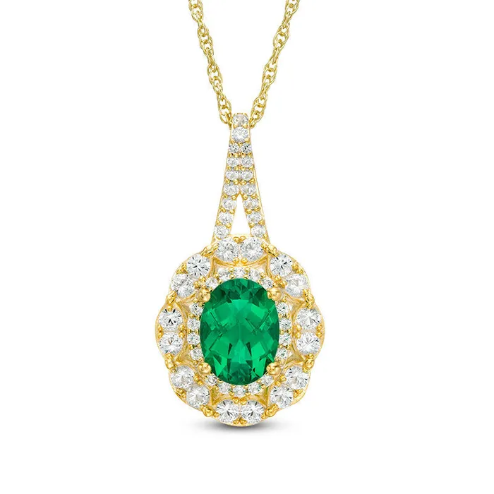 Goldia Necklaces Oval LabCreated Emerald and White Sapphire Double Frame Pendant in Sterling Silver with 14K Gold Plate Goldia Necklaces Oval LabCreated Emerald and White Sapphire Double Frame Pendant in Sterling Silver with 14K Gold Plate