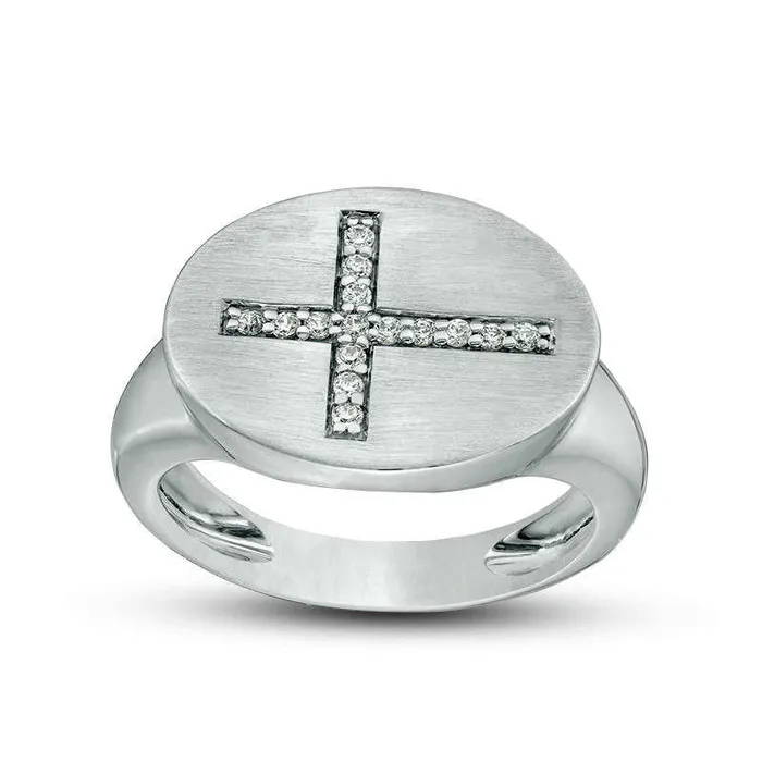Goldia Rings 010 CT TW Natural Diamond Sideways Cross Oval Signet Ring in Solid 10K White Gold Goldia Rings 010 CT TW Natural Diamond Sideways Cross Oval Signet Ring in Solid 10K White Gold