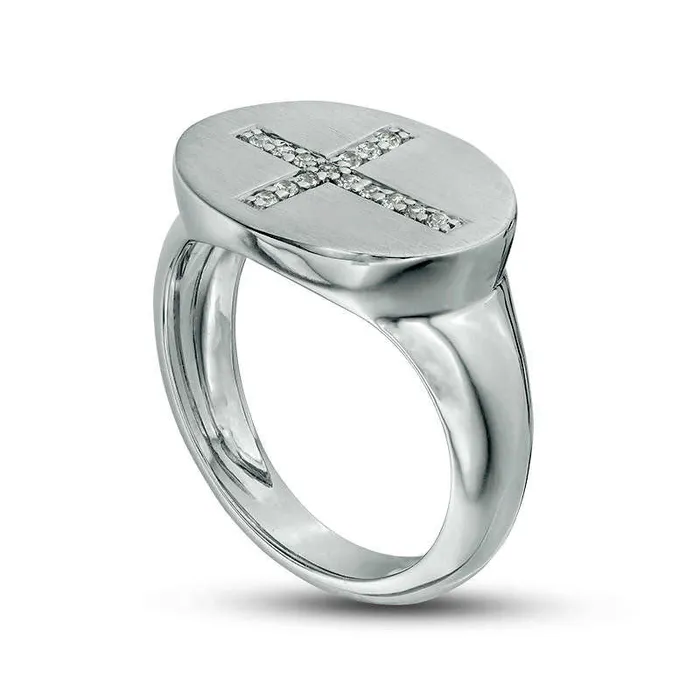Goldia Rings 010 CT TW Natural Diamond Sideways Cross Oval Signet Ring in Solid 10K White Gold