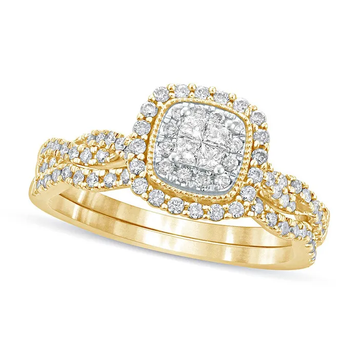 Goldia Rings 050 CT TW PrincessCut Quad Natural Diamond Frame Twist Shank Bridal Engagement Ring Set in Solid 10K Yellow Gold Goldia Rings 050 CT TW PrincessCut Quad Natural Diamond Frame Twist Shank Bridal Engagement Ring Set in Solid 10K Yellow Gold
